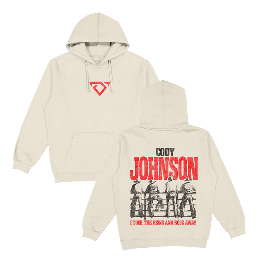 Beige hoodie with red and black graphics on a white background