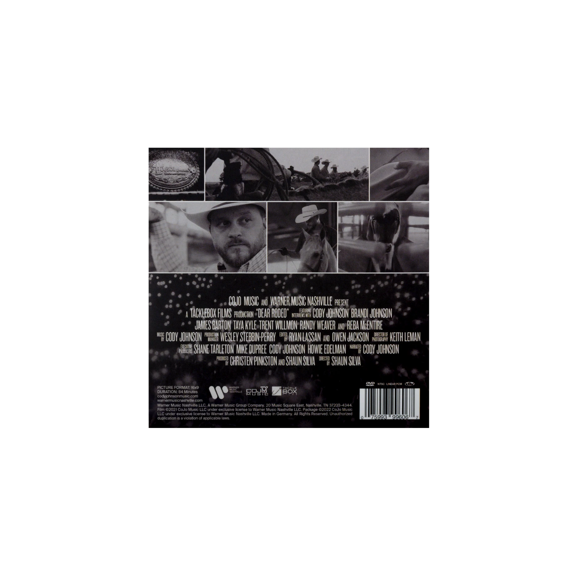 Back cover of a music album with black and white images and text. Cody Johnson COJO
