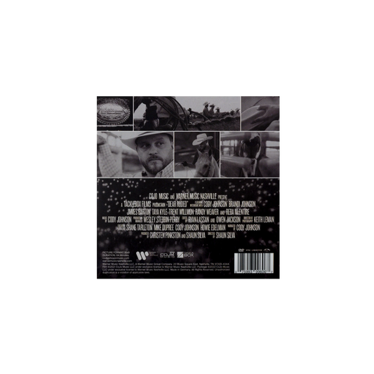 Back cover of a music album with black and white images and text. Cody Johnson COJO