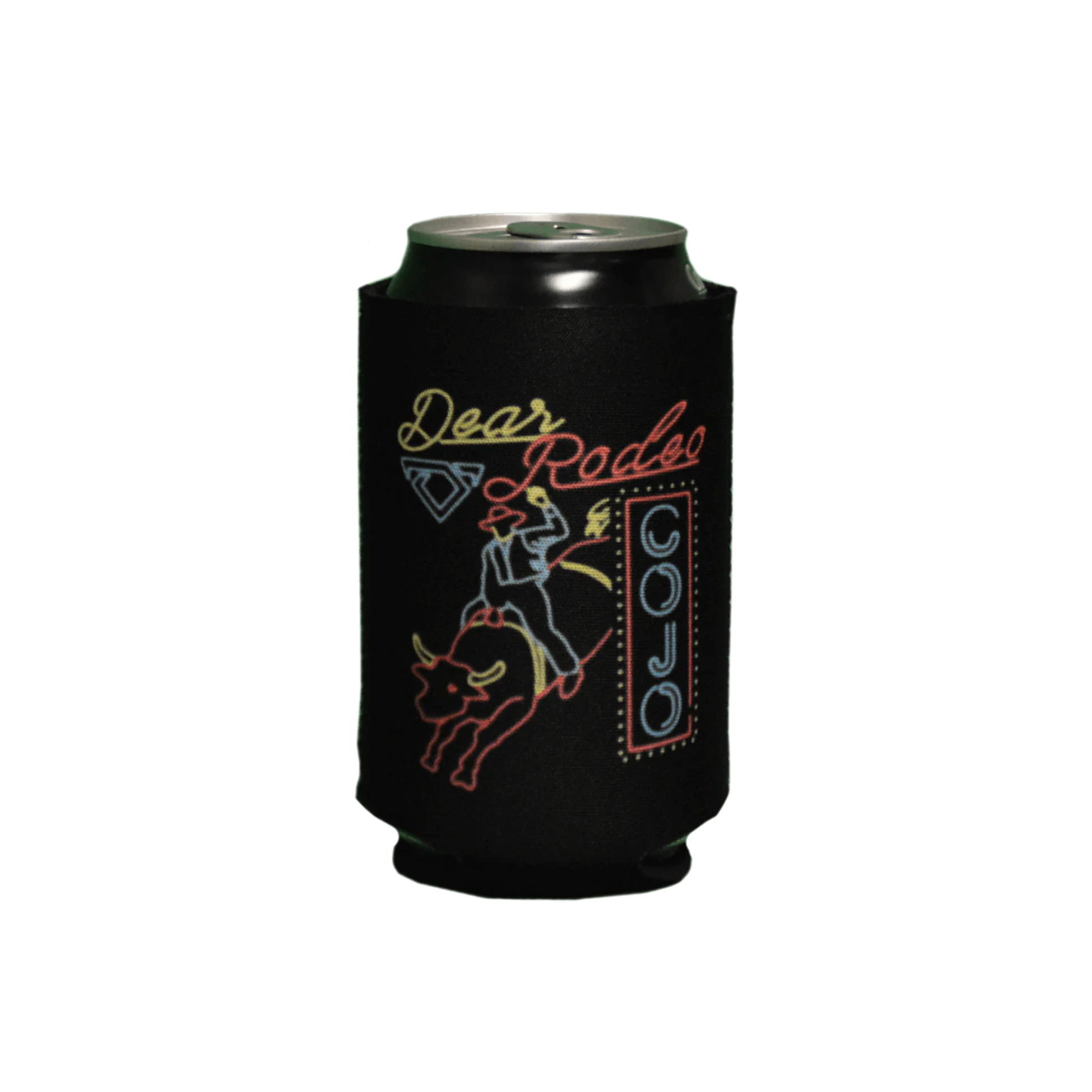 Black can cooler with 'Dear Rodeo' design on a white background COJO Cody Johnson