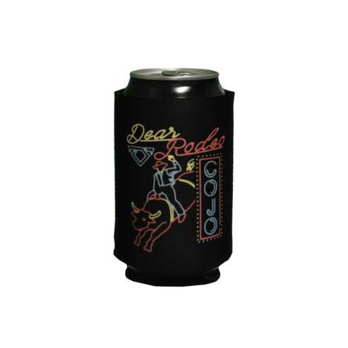 Black can cooler with 'Dear Rodeo' design on a white background COJO Cody Johnson