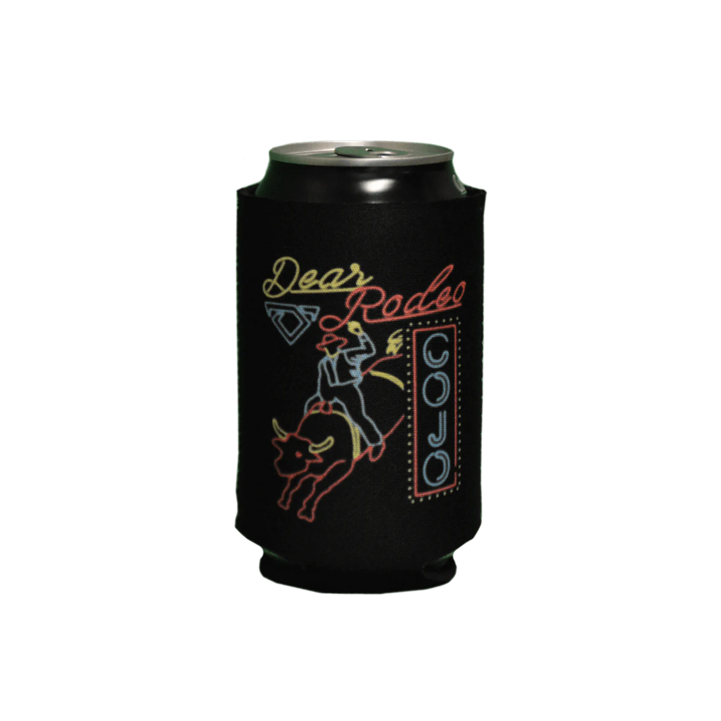 Black can cooler with 'Dear Rodeo' design on a white background COJO Cody Johnson