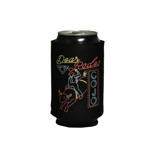 Black can cooler with 'Dear Rodeo' design on a white background COJO Cody Johnson