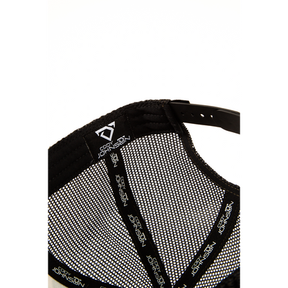 Black and white mesh protective vest with branding on a white background