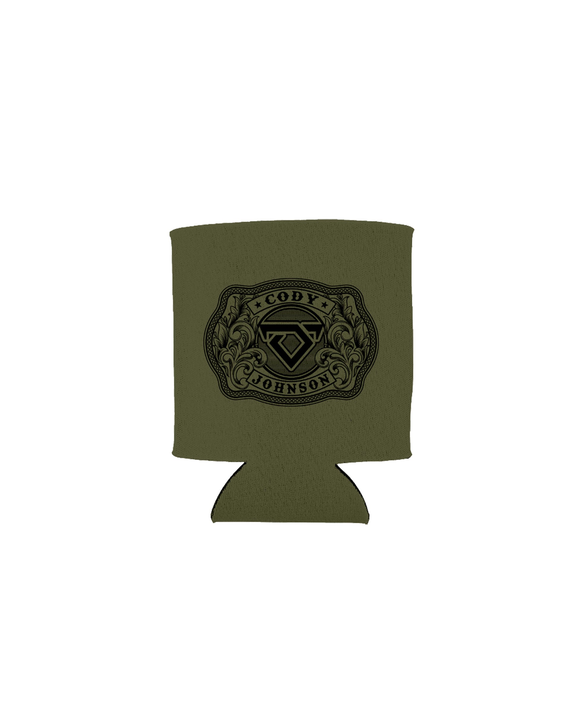 Green can cooler with a logo on a white background