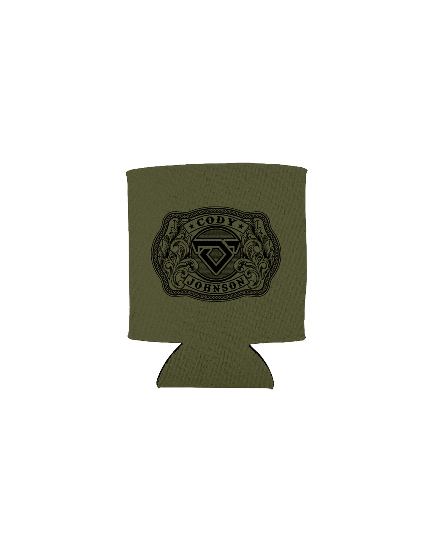 Green can cooler with a logo on a white background