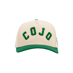 Beige and green cap with 'COJO' branding embroidered on the front