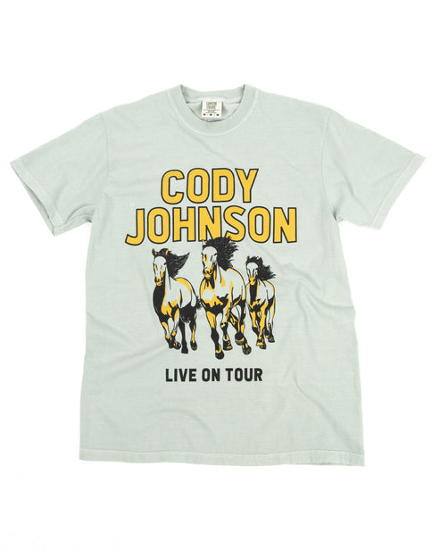 Light blue t-shirt with 'Cody Johnson Live on Tour' graphic on a white background