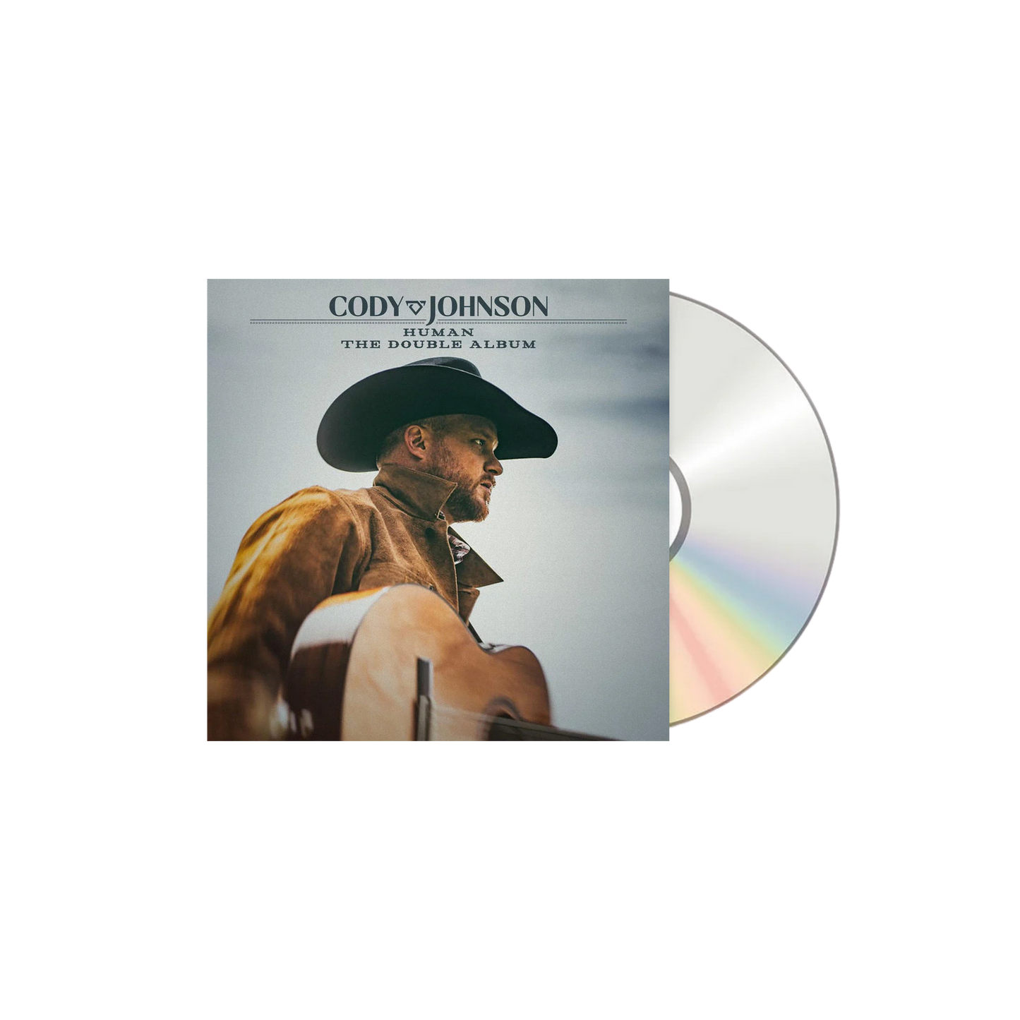Vinyl album cover with a person wearing a cowboy hat and jacket, featuring the text 'Cody Johnson Human The Double Album'.