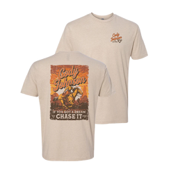Beige t-shirt with graphic design and text on a white background Cody Johnson COJO