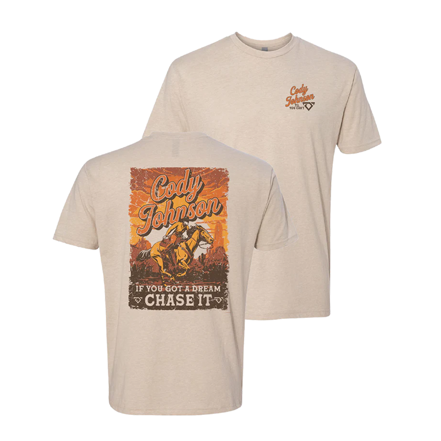 Beige t-shirt with graphic design and text on a white background Cody Johnson COJO