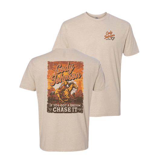 Beige t-shirt with graphic design and text on a white background Cody Johnson COJO
