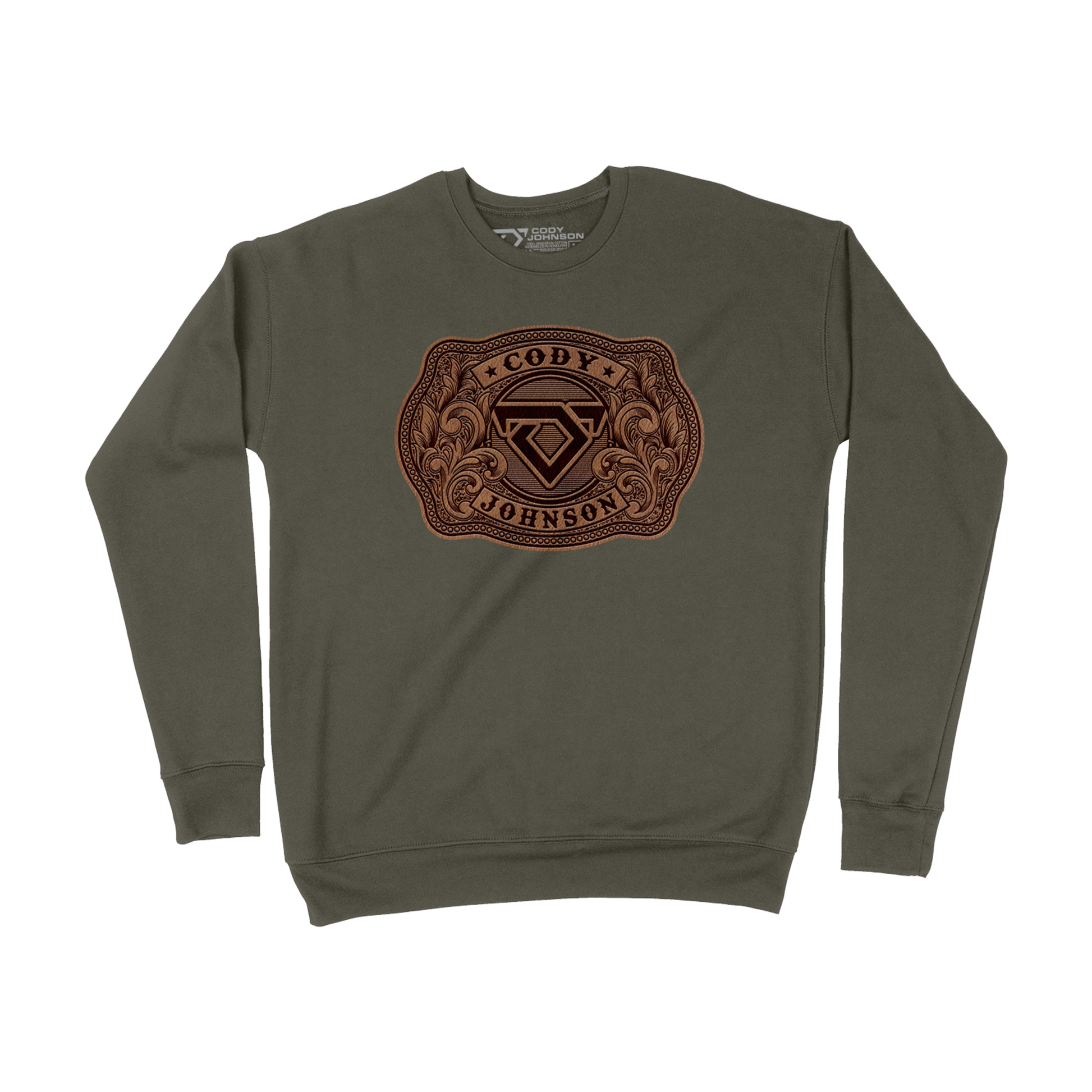 Green sweatshirt with a leather style belt buckle with Cody Johnson's name and logo printed on the front