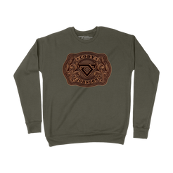 Green sweatshirt with a leather style belt buckle with Cody Johnson's name and logo printed on the front