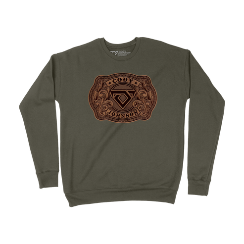 Green sweatshirt with a leather style belt buckle with Cody Johnson's name and logo printed on the front