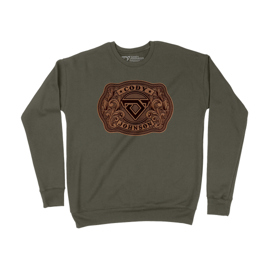 Green sweatshirt with a leather style belt buckle with Cody Johnson's name and logo printed on the front