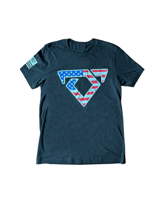 Navy blue t-shirt with a geometric design featuring American flag colors on a white background