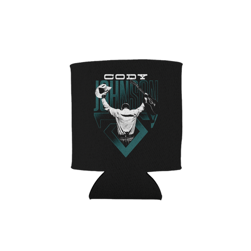 Black can cooler with Cody Johnson photo graphic design and text