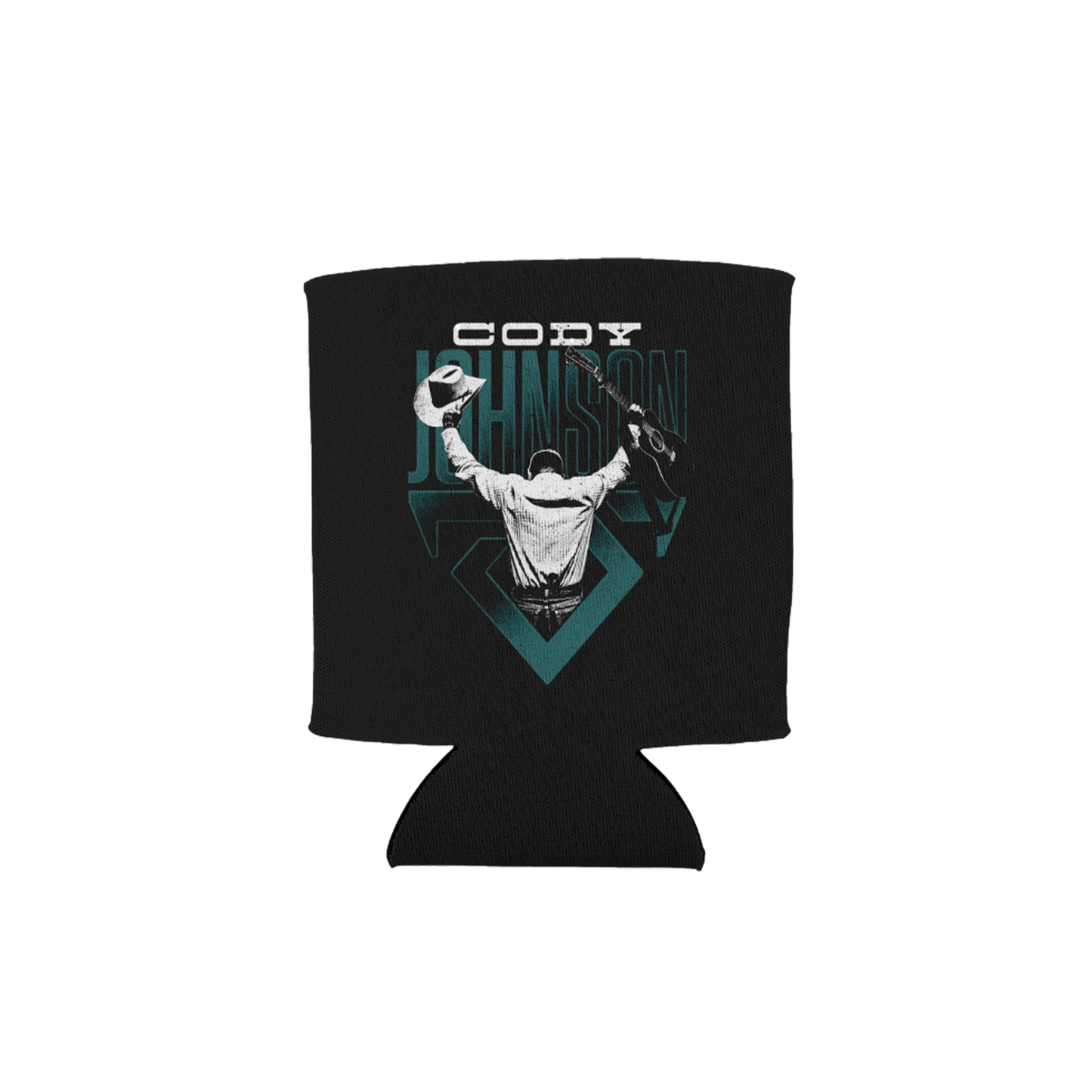 Black can cooler with Cody Johnson photo graphic design and text