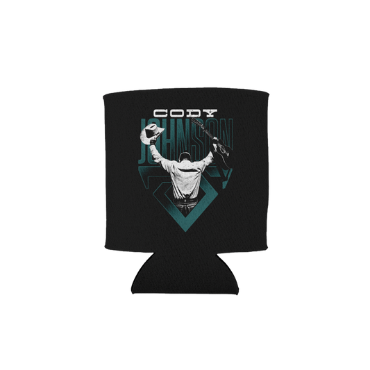 Black can cooler with Cody Johnson photo graphic design and text