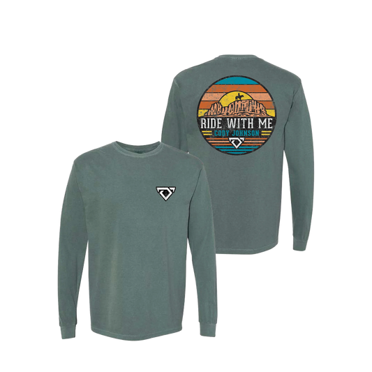 Green long-sleeve shirt with graphic design on front and text on back, on a white background Cody Johnson COJO