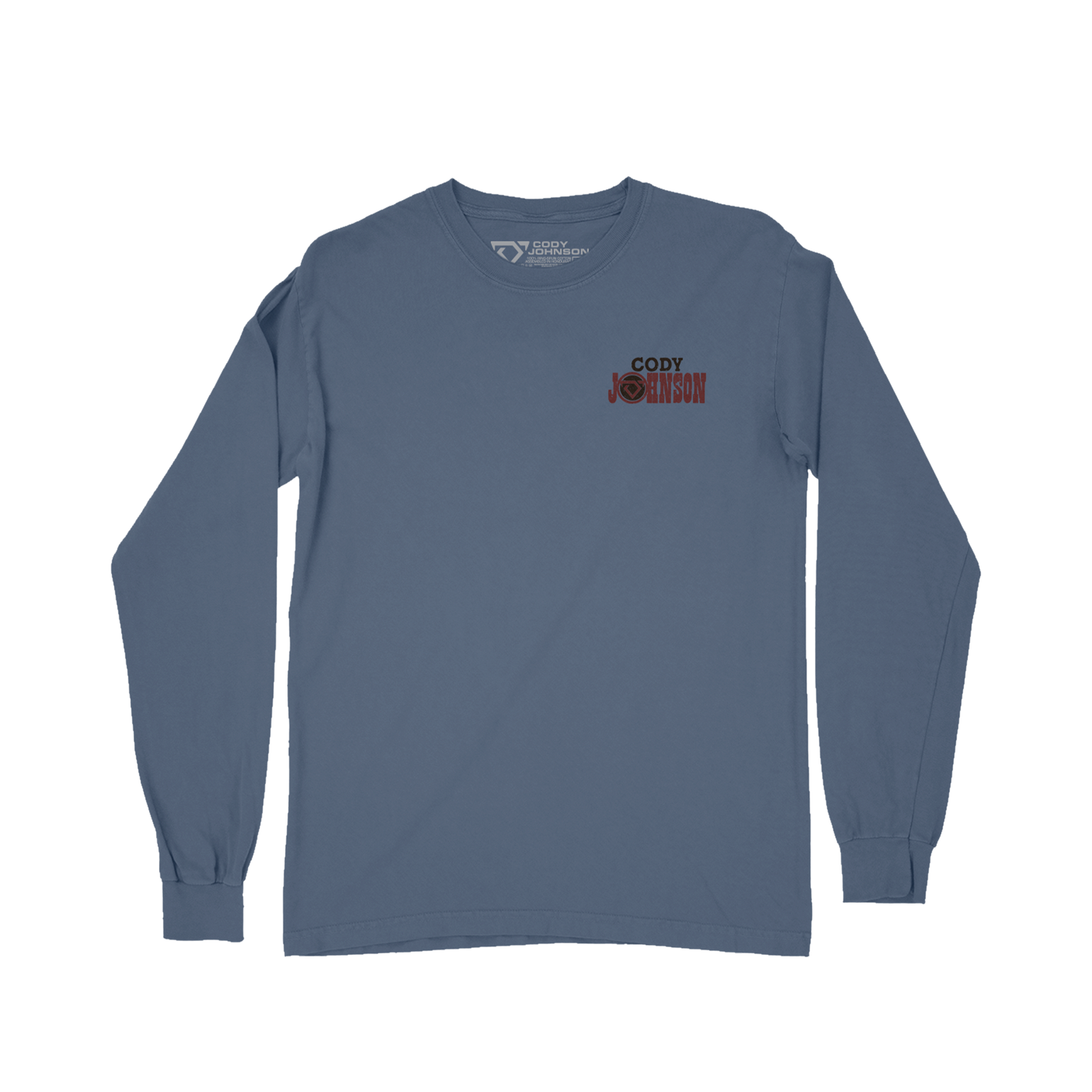 Blue long-sleeve shirt with a logo on the chest against a white background