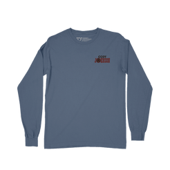 Blue long-sleeve shirt with a logo on the chest against a white background