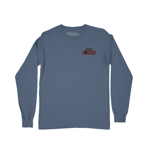 Blue long-sleeve shirt with a logo on the chest against a white background