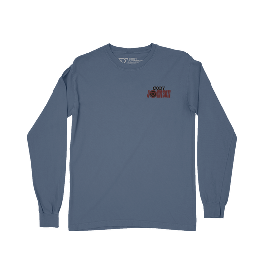 Blue long-sleeve shirt with a logo on the chest against a white background
