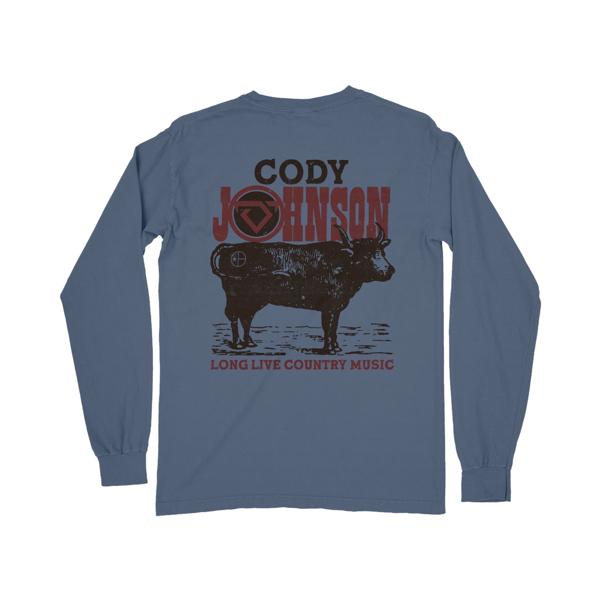Blue long-sleeve shirt with a cow graphic and text on a white background