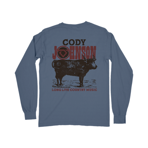 Blue long-sleeve shirt with a cow graphic and text on a white background