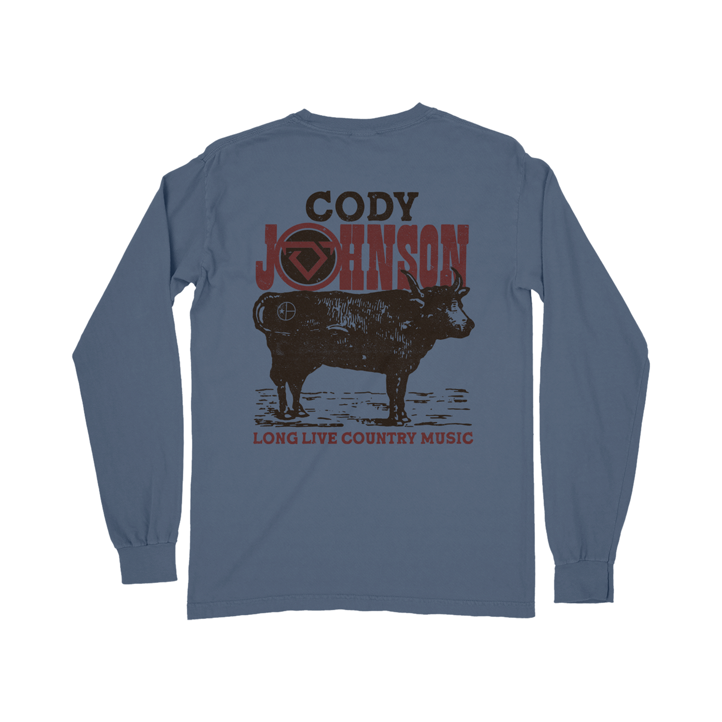 Blue long-sleeve shirt with a cow graphic and text on a white background