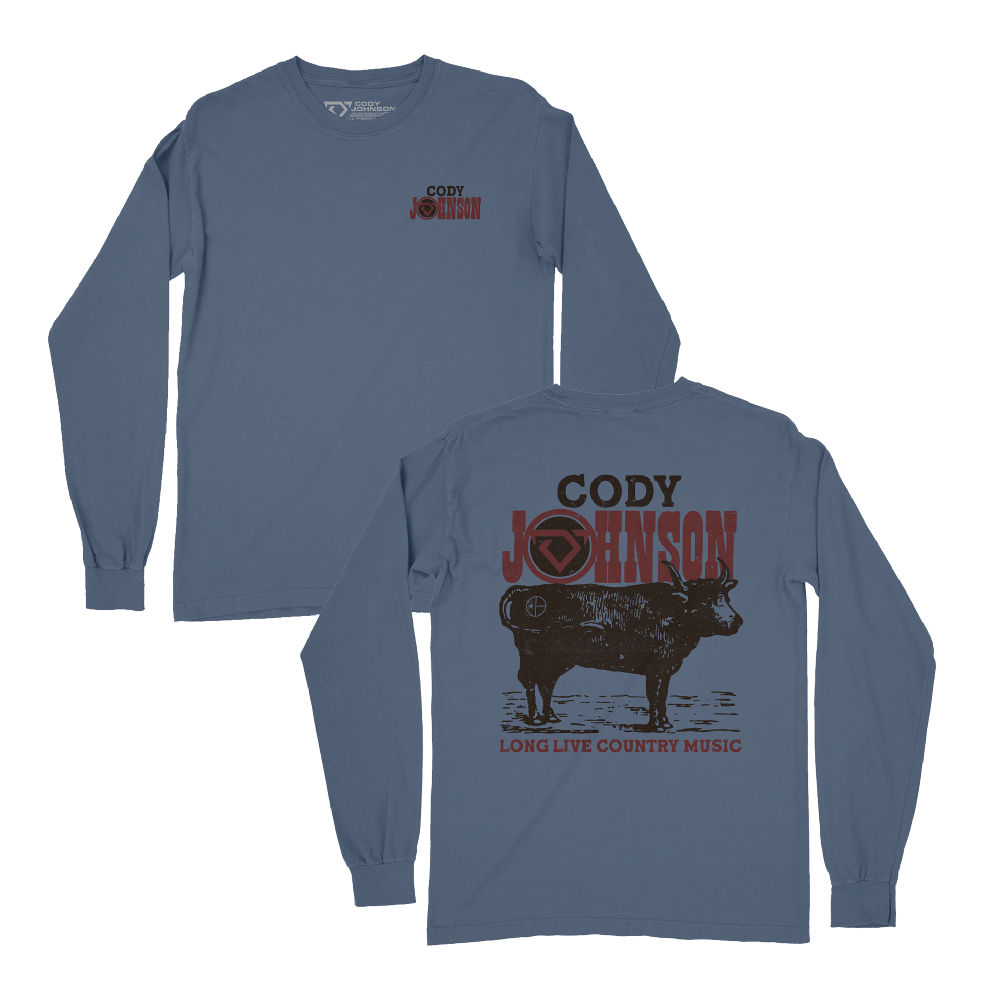Blue long-sleeve shirt with 'Cody Johnson' branding and a graphic of a cow on the back. Cody Johnson merch