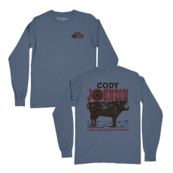 Blue long-sleeve shirt with 'Cody Johnson' branding and a graphic of a cow on the back. Cody Johnson merch