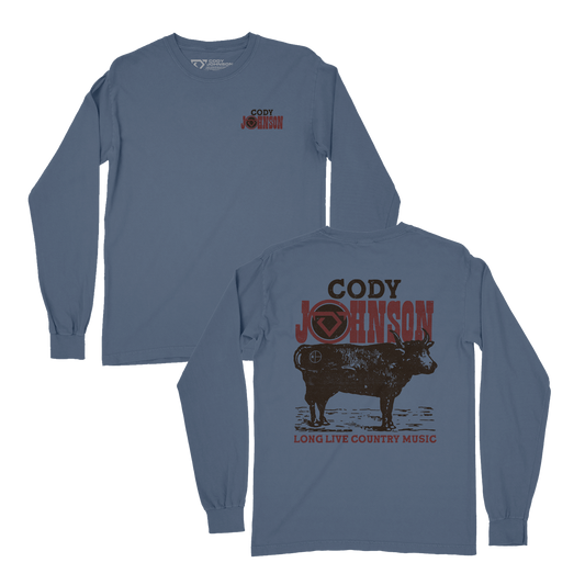 Blue long-sleeve shirt with 'Cody Johnson' branding and a graphic of a cow on the back. Cody Johnson merch