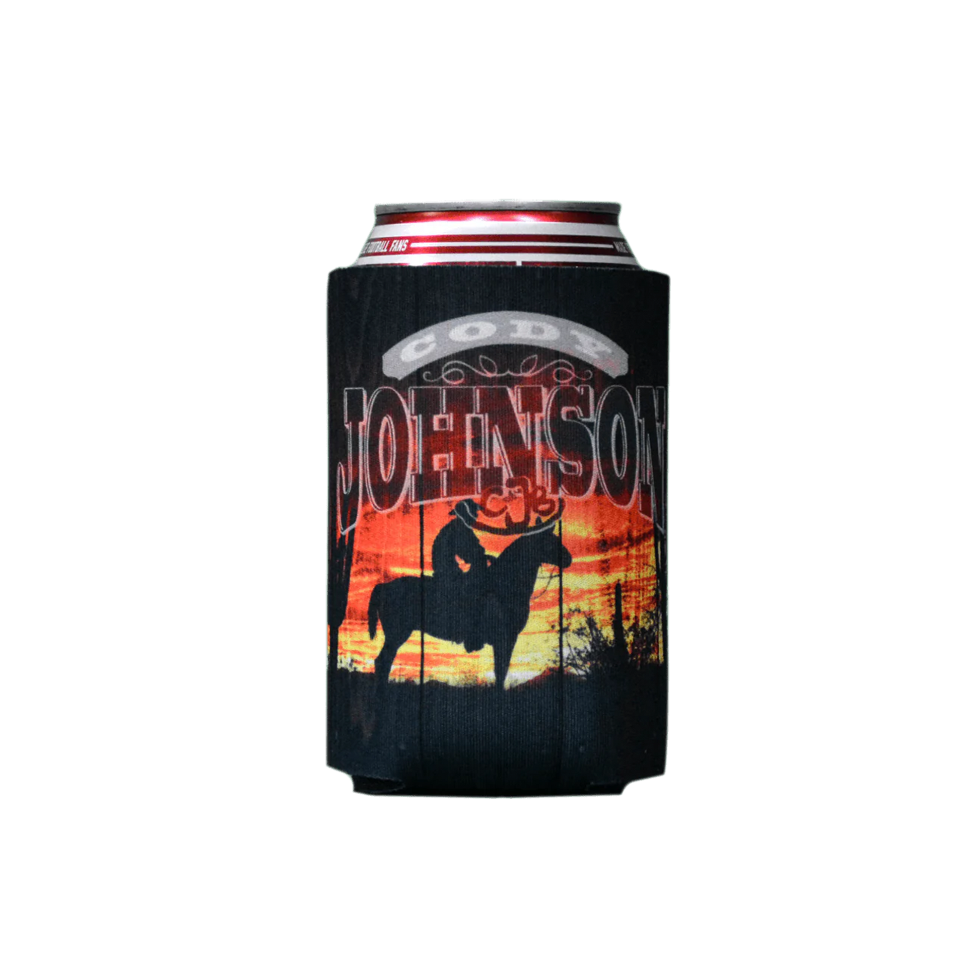 Can cooler with a graphic of a person on a horse and 'Johnson' branding. Cody Johnson COJO