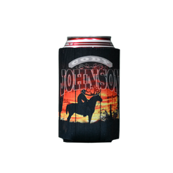 Can cooler with a graphic of a person on a horse and 'Johnson' branding. Cody Johnson COJO