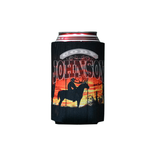 Can cooler with a graphic of a person on a horse and 'Johnson' branding. Cody Johnson COJO