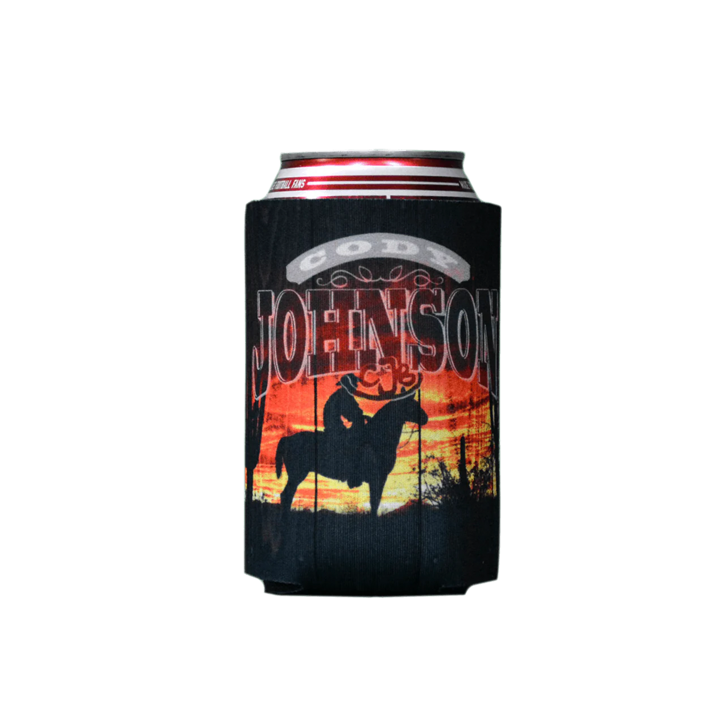 Can cooler with a graphic of a person on a horse and 'Johnson' branding. Cody Johnson COJO