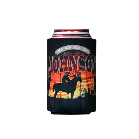 Can cooler with a graphic of a person on a horse and 'Johnson' branding. Cody Johnson COJO