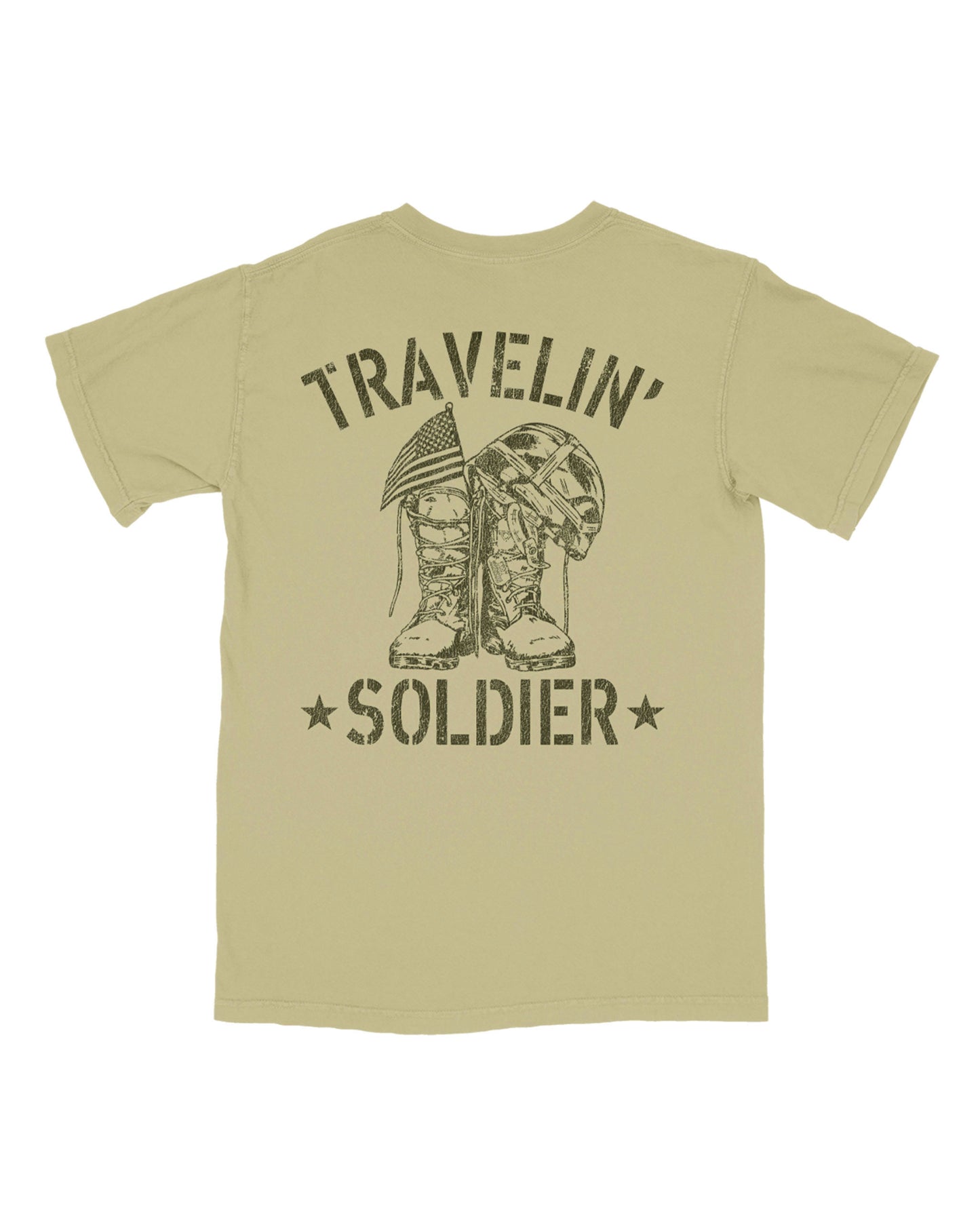 Beige t-shirt with 'Travelin' Soldier' graphic on a white background