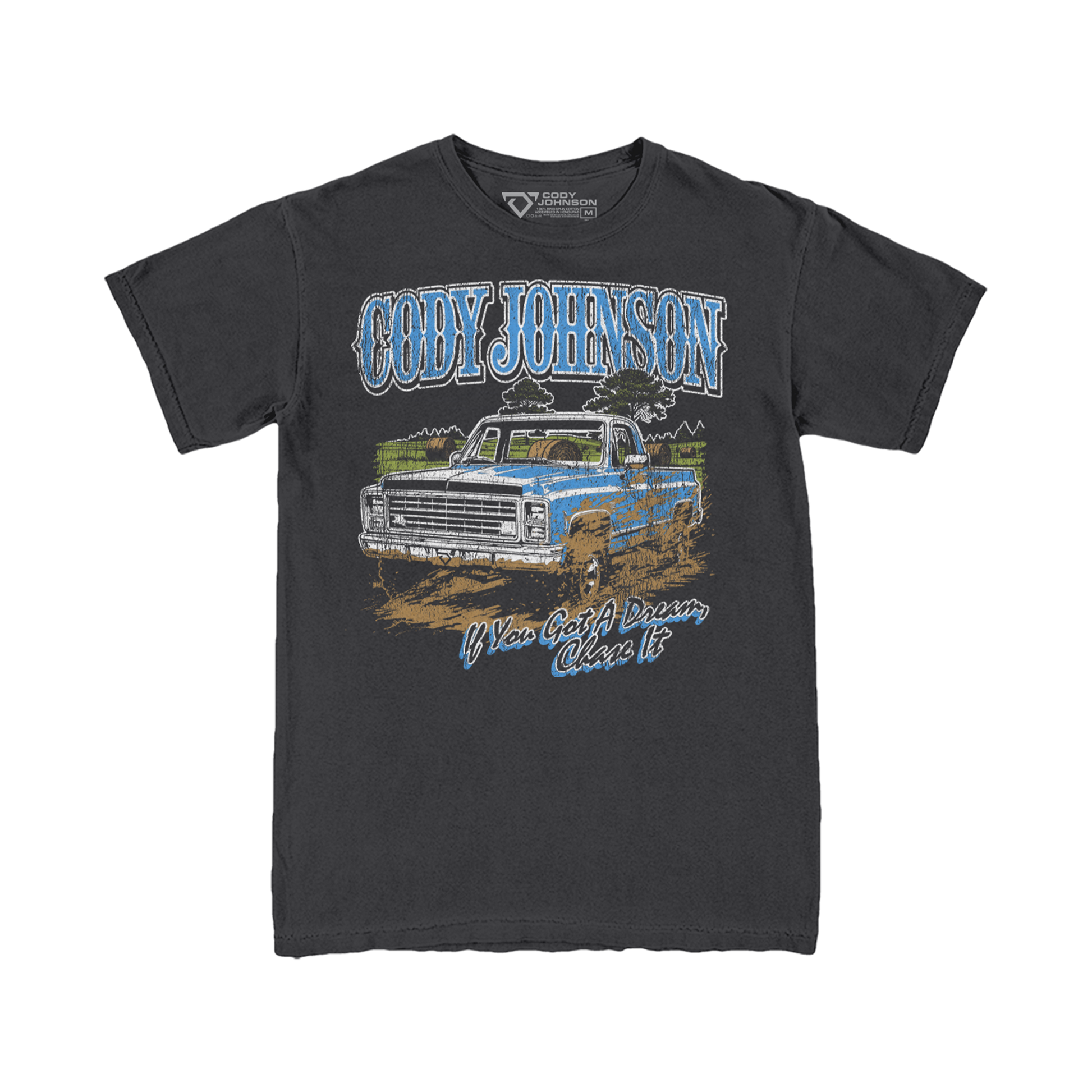 Graphite t-shirt with blue pickup truck on the front with Cody Johnson's name and 'Til You Can't lyrics on the front