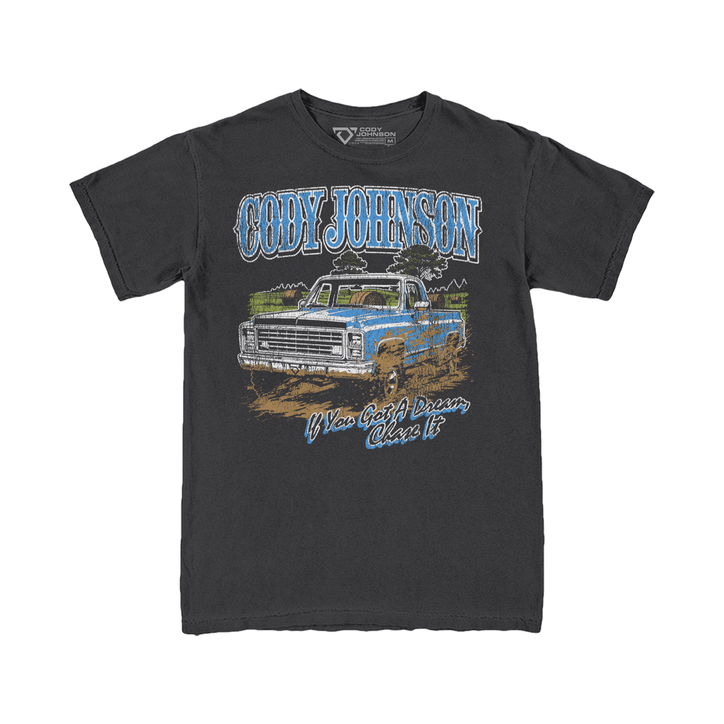 Graphite t-shirt with blue pickup truck on the front with Cody Johnson's name and 'Til You Can't lyrics on the front