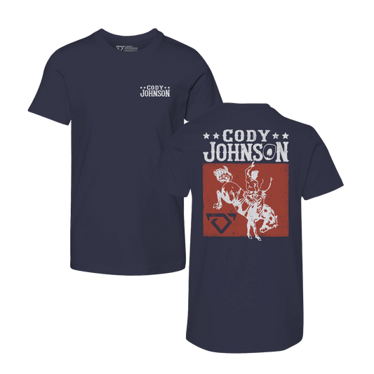 Navy blue kids t-shirt with 'Cody Johnson' branding on front and back
