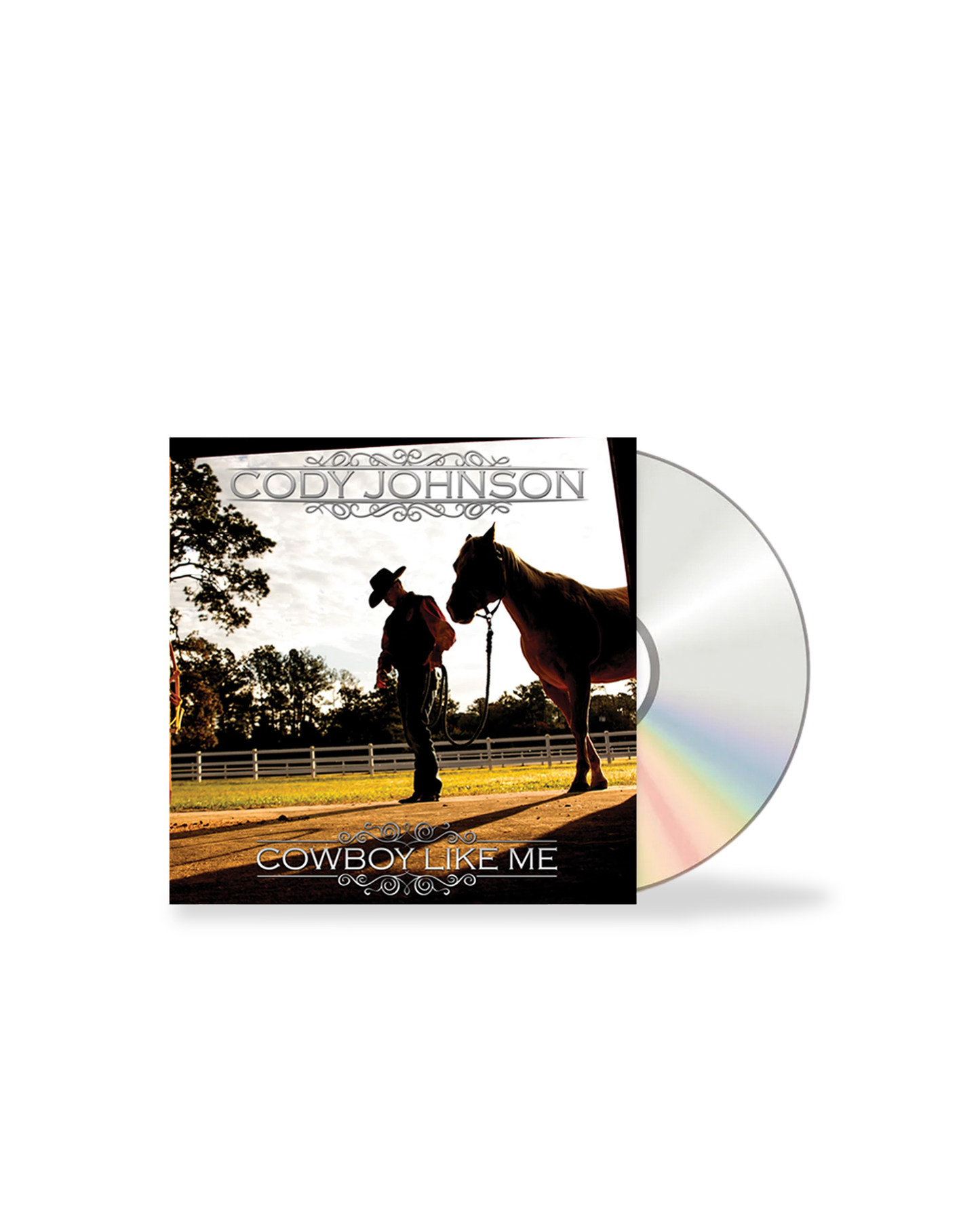 CD cover of 'Cowboy Like Me' by Cody Johnson featuring his silhouette and horse.