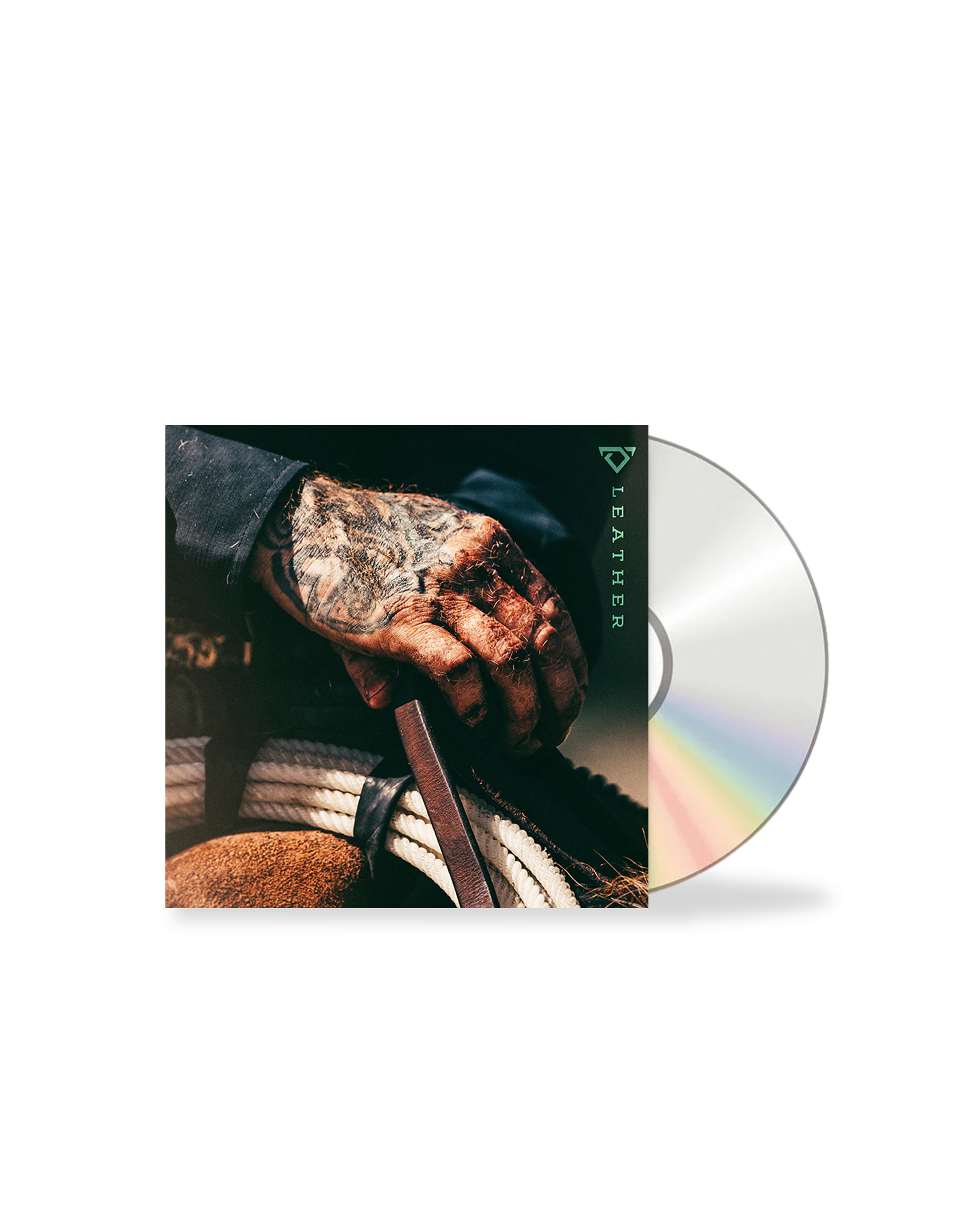 CD with a cover featuring a tattooed hand holding leather, on a white background