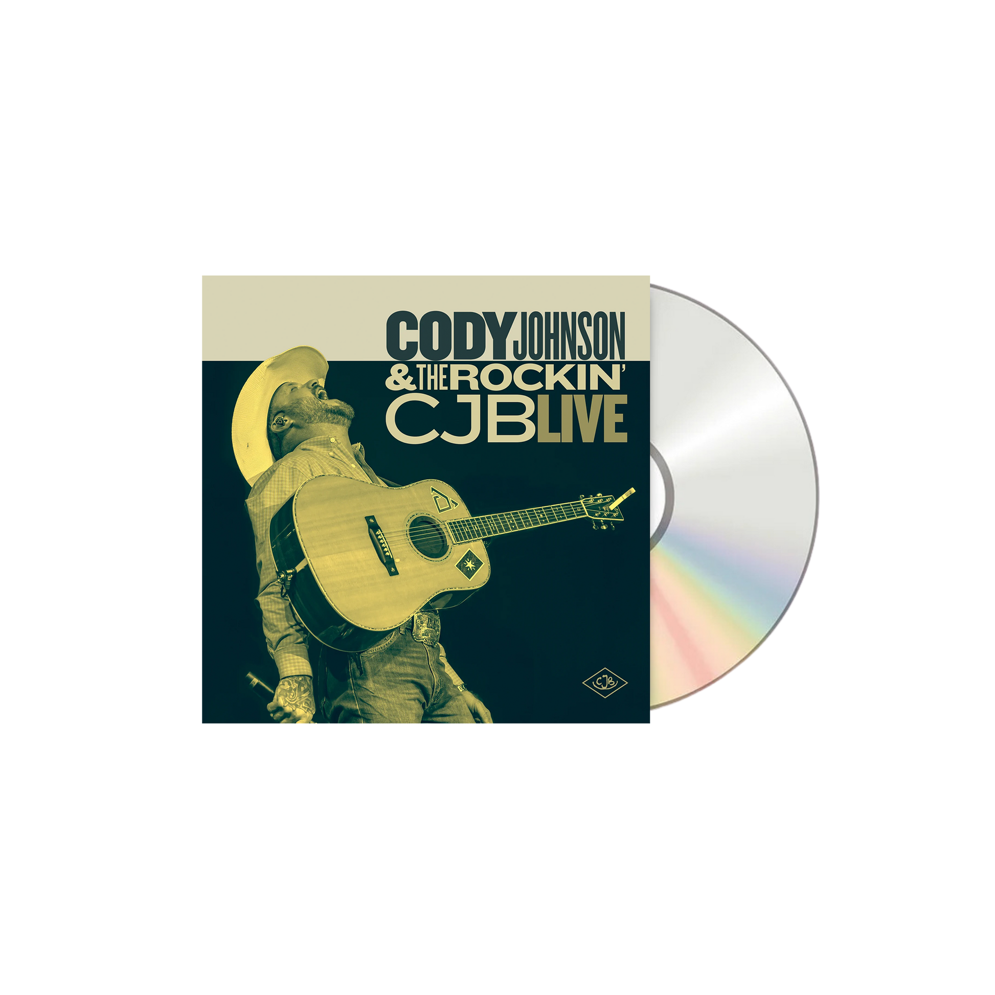 CD cover with a person playing guitar and text 'Cody Johnson & The Rockin' CJB Live' on a white background COJO
