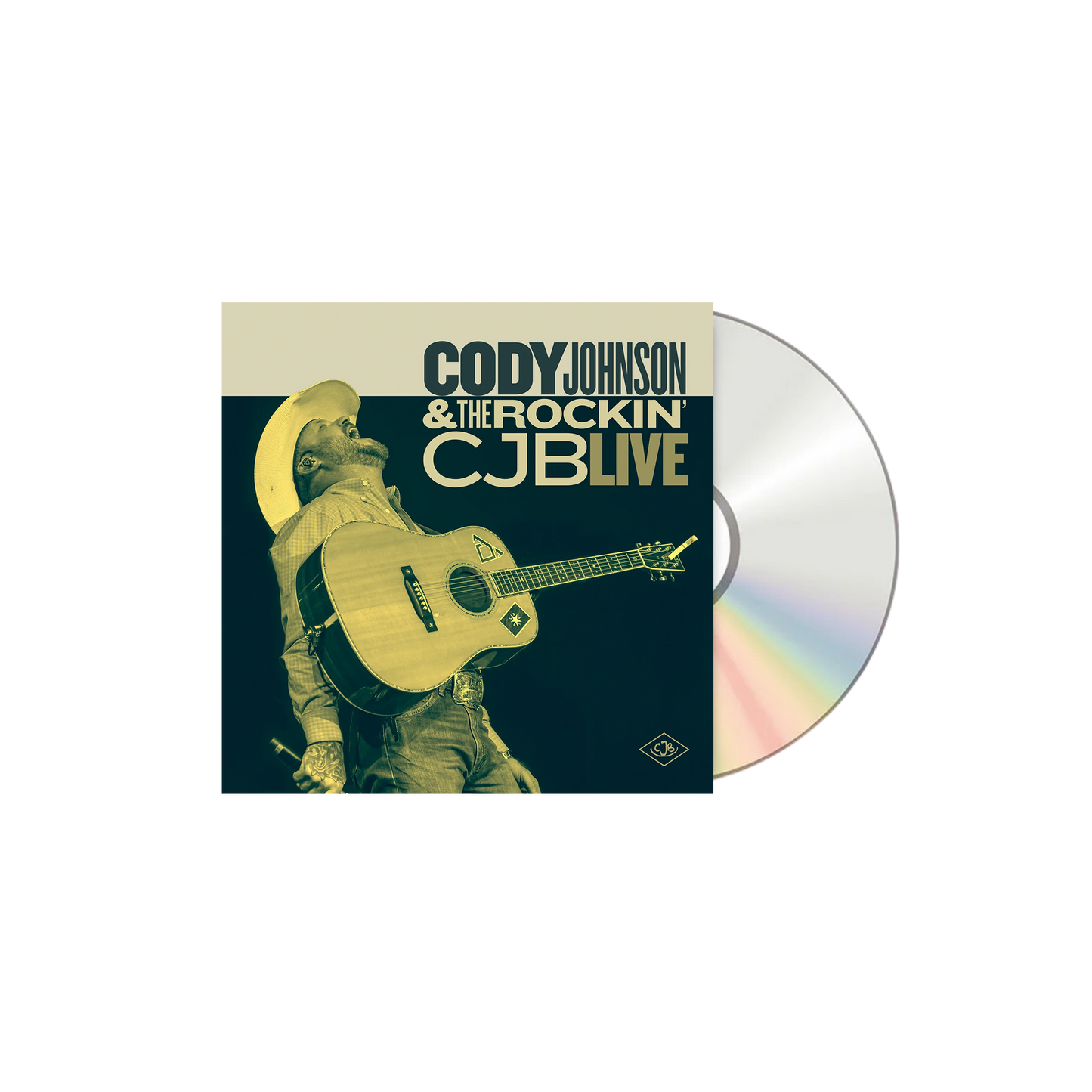CD cover with a person playing guitar and text 'Cody Johnson & The Rockin' CJB Live' on a white background COJO