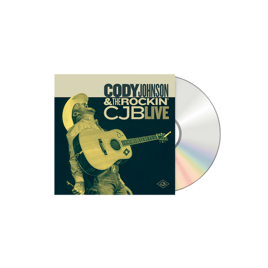 CD cover with a person playing guitar and text 'Cody Johnson & The Rockin' CJB Live' on a white background COJO